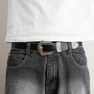 y2k floral embossed western black belt — boho gothic style